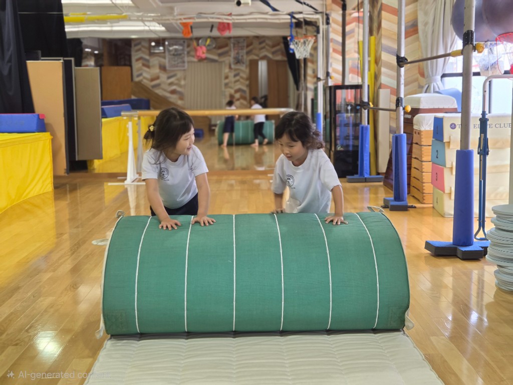 Students in TGA uniforms stretching together during a physical education class in the gym